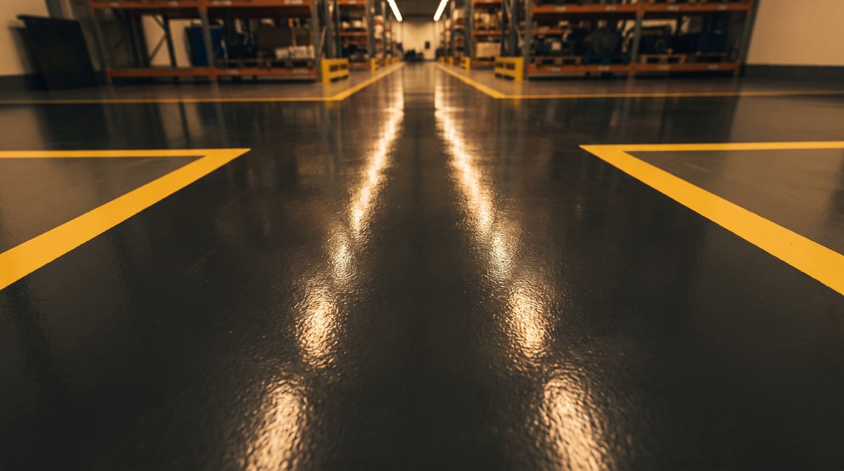 A high-gloss epoxy shop floor running unbroken across the bay.