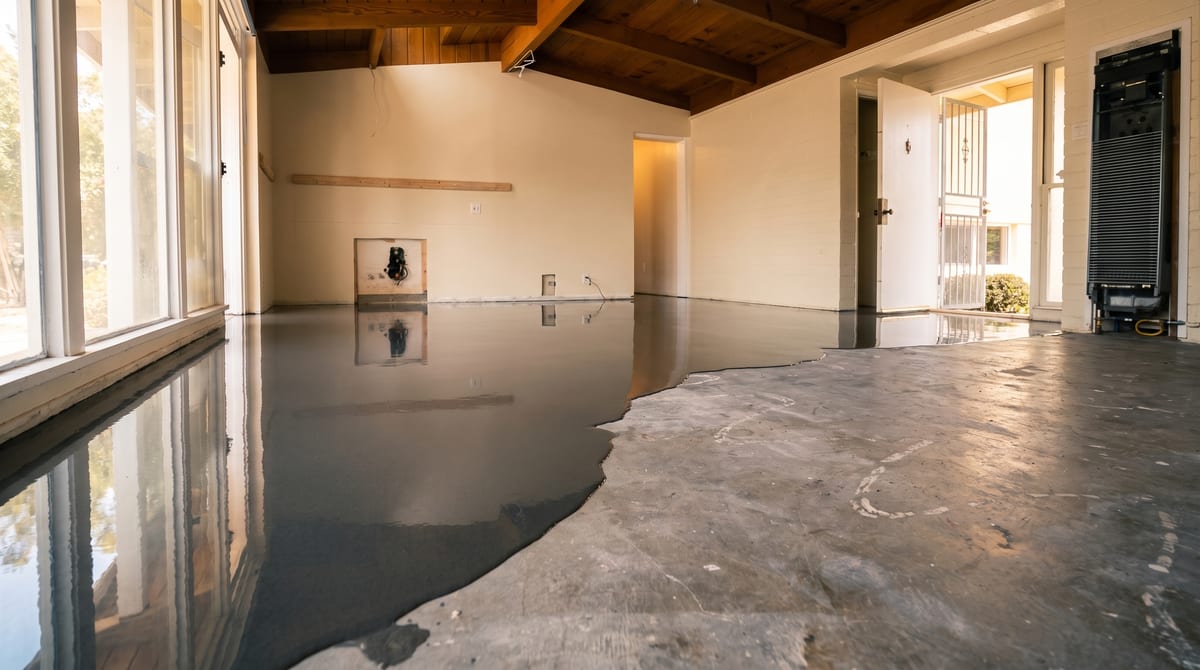 A self-levelling compound being worked across a prepared concrete slab.